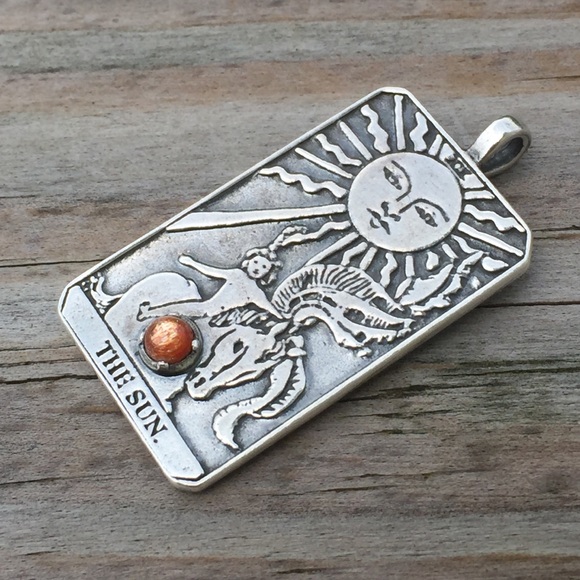 Sun Tarot Card Pendant .925 Sterling Silver w/ genuine Sunstone gem Made in USA - Picture 3 of 16